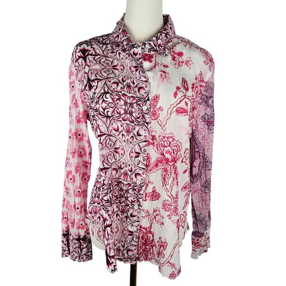 Cino Pink Shirt PL Pink Red Floral Button-Up Boho Multimedia Crinkle Cottagecore - Picture 1 of 10